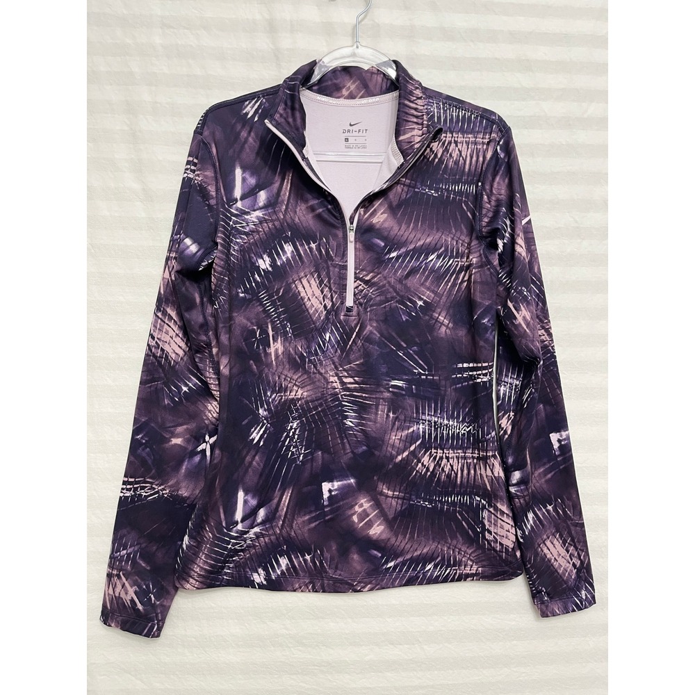 Nike Pro Dri-FIT Womens Large Quarter Zip Pullover Purple Palm Abstract Running